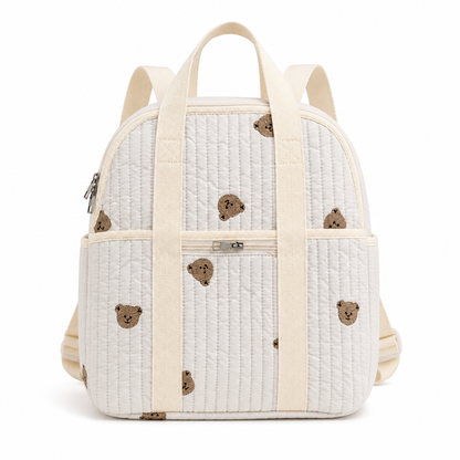 Quilted teddy bear baby diaper backpack front view on white background