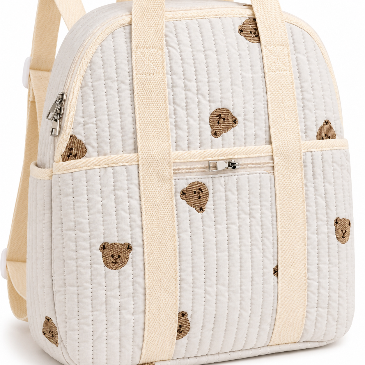 Quilted teddy bear baby diaper backpack side profile product photo
