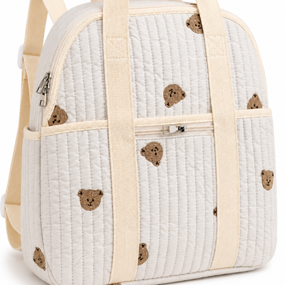 Quilted teddy bear baby diaper backpack side profile product photo