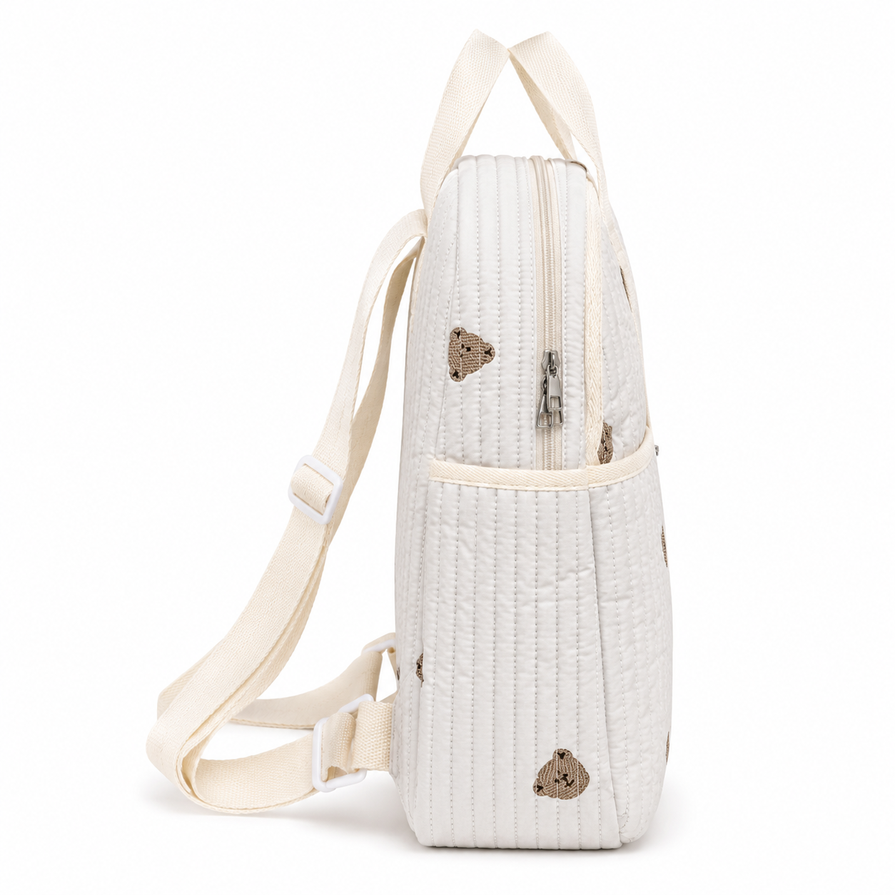 Quilted teddy bear baby diaper backpack side view with zipper detail