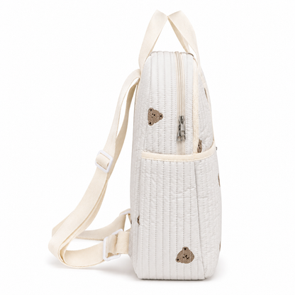 Quilted teddy bear baby diaper backpack side view with zipper detail