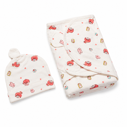 Gift-ready swaddle wrap and matching cap set product photo on white background