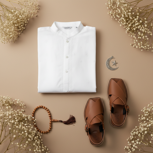 White Kurta with Brown Peshawari Sandals - Hero Image