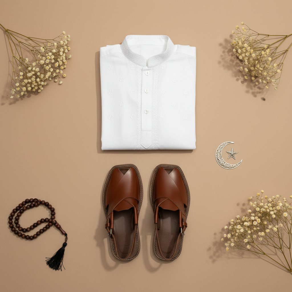 White Kurta with Brown Peshawari Sandals - Hero Image