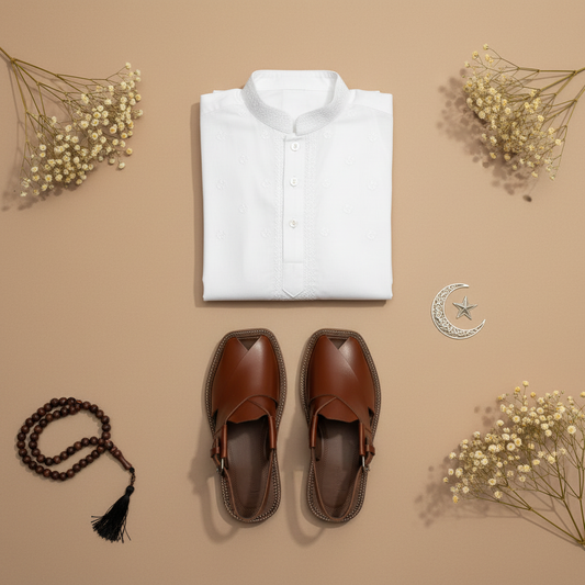 White Kurta with Brown Peshawari Sandals - Hero Image