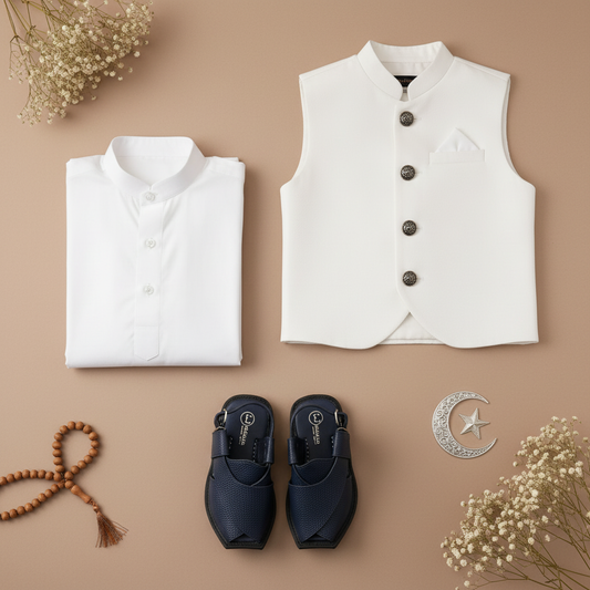 White Waistcoat Kurta with Navy Blue Peshawari Sandals - Hero Image